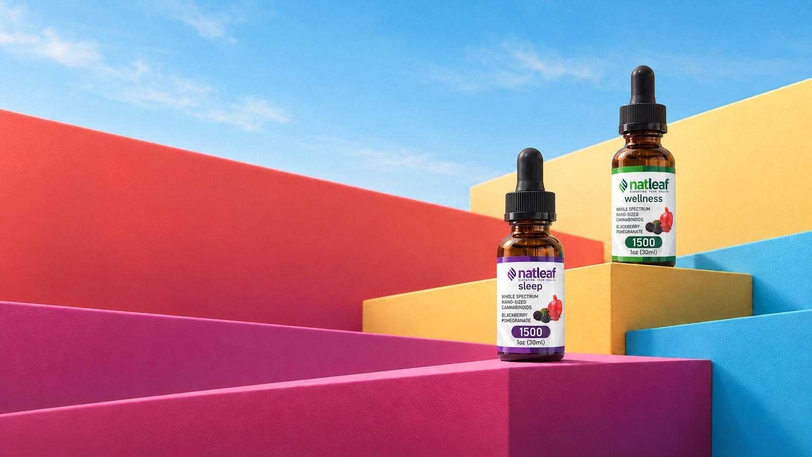 Natleaf Sleep and Wellness bottles on colorful geometric platforms beneath a blue sky